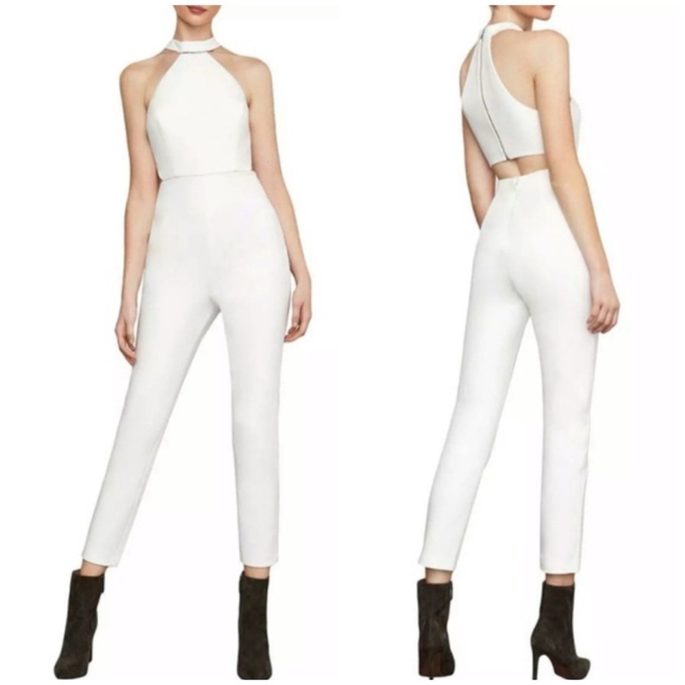 BCBGMaxAzria White Beaded Halter Jumpsuit Ankle Length Sleeveless Bridal Shower